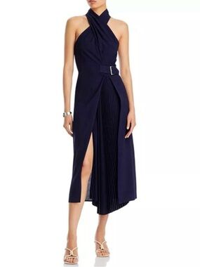 A.L.C. Fiona Twisted Halter Belted Navy Blue Pleated Skirt Midi Dress Sz 14 NWT